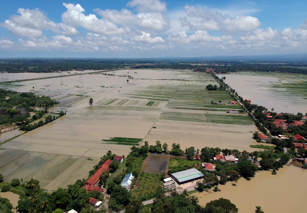 Foto udara kondisi area persawahan yang terendam air di Desa Gebangkerep