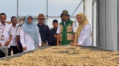 Bupati Banjarnegara Amalia Desiana saat meninjau fasilitas rumah jemur kopi (solar dryer dome) bantuan program UPLAND di Kecamatan Kalibening
