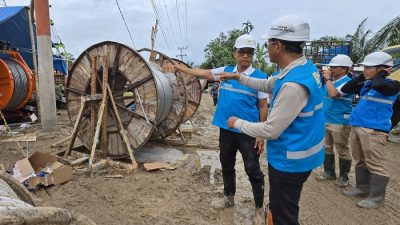 Direktur Utama PLN, Darmawan Prasodjo (kiri), Direktur Transmisi dan Perencanaan Sistem PLN, Edwin Nugraha Putra (kedua dari kiri) dan para petugas PLN ketika menyelesaikan pemasangan kabel di titik tower 142 pada jaringan transmisi Pangkalan Brandan - Langsa di Aceh Tamiang