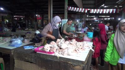 Pedagang di Pasar Kendal sedang menata stok daging ayam yang terbatas di lapaknya.