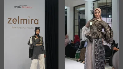 Peserta Banat Fashion Festival menampilkan busana kreasi mereka di catwalk SMK NU Banat Kudus.