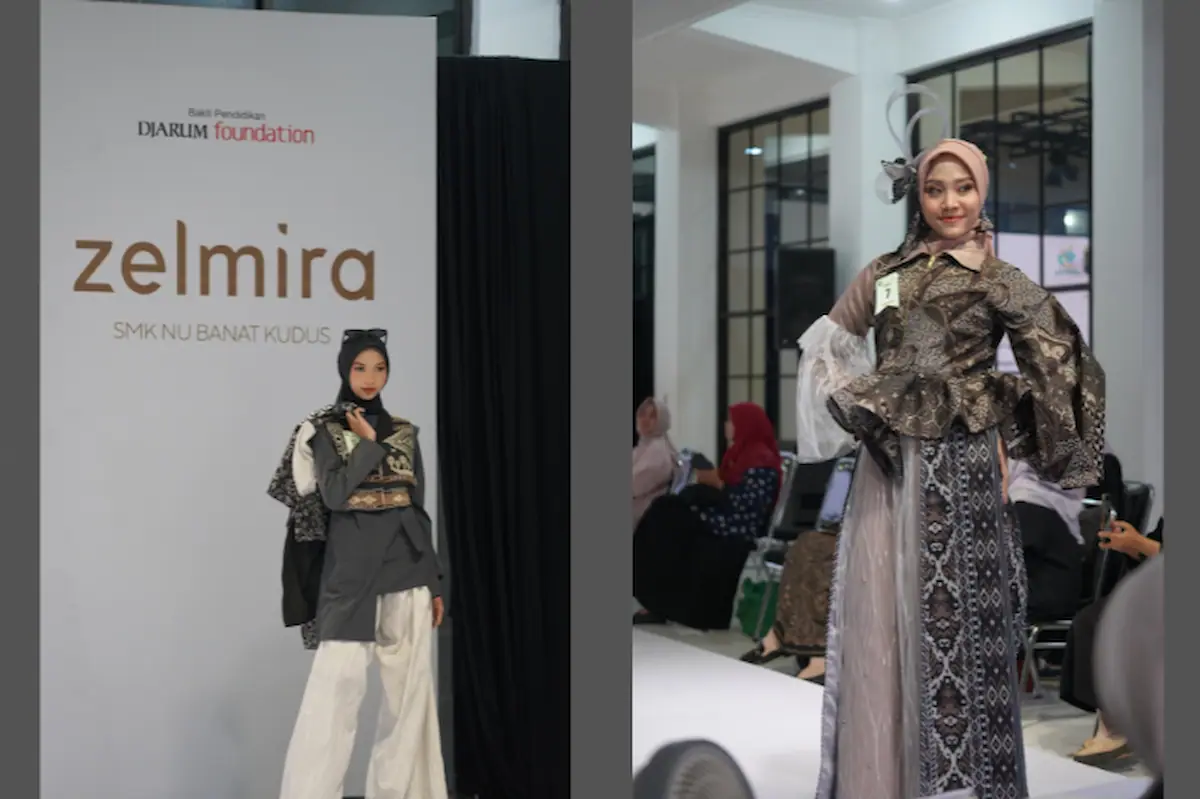Peserta Banat Fashion Festival menampilkan busana kreasi mereka di catwalk SMK NU Banat Kudus.