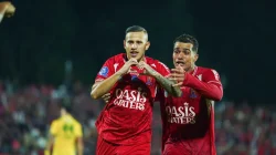 Pemain Persijap Jepara meluapkan kegembiraan bersama rekan setimnya usai sukses mencetak gol ke gawang Persebaya Surabaya di Stadion Gelora Bumi Kartini.