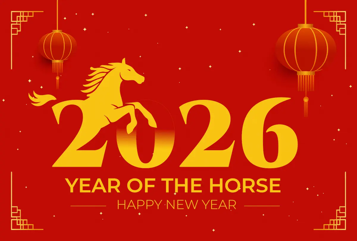 Ilustrasi simbol Shio Kuda Api 2026 dengan latar belakang merah dan elemen api.