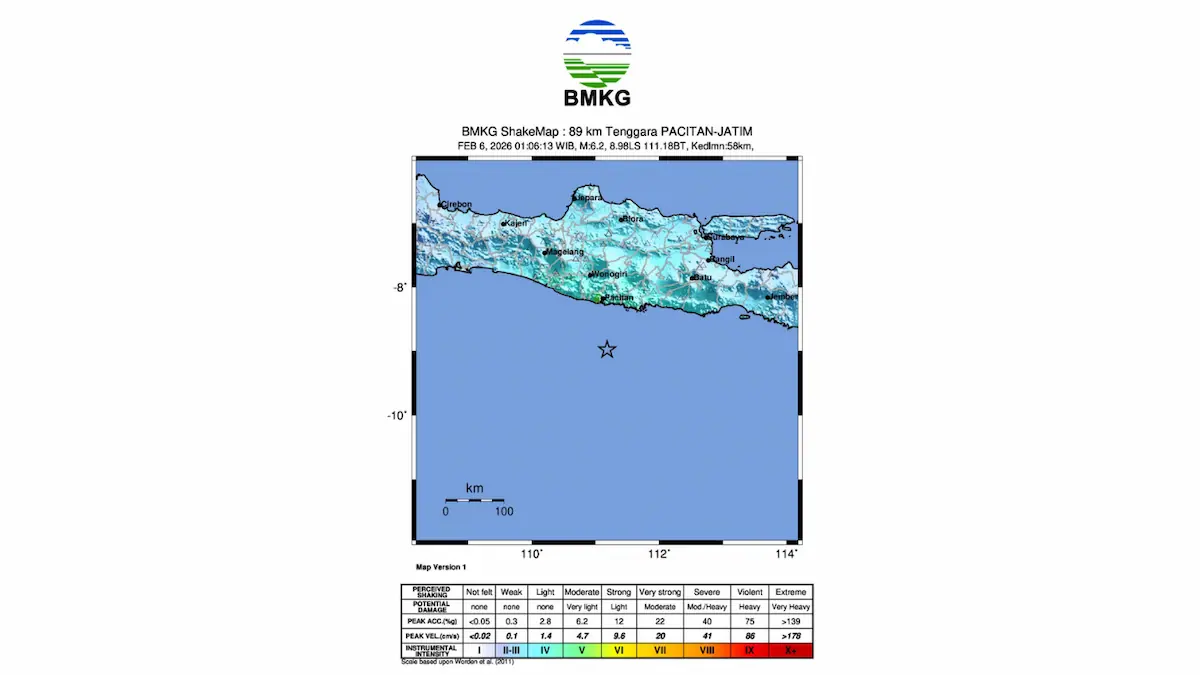 Peta guncangan (shakemap) BMKG menunjukkan lokasi pusat gempa M6,4 di selatan Pacitan