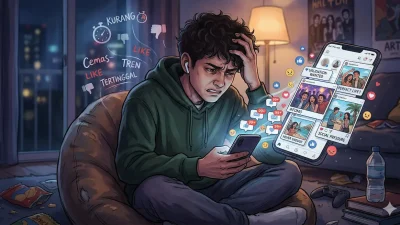 Ilustrasi seorang pemuda Gen Z merasa stres saat menatap layar ponsel akibat tekanan media sosial dan FOMO.