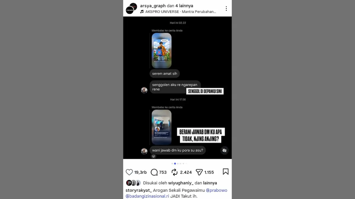 Tangkapan layar isi pesan Instagram yang menunjukkan dugaan ancaman terhadap Muhammad Rafif Arsya Maulidi, pelajar SMK di Kudus.