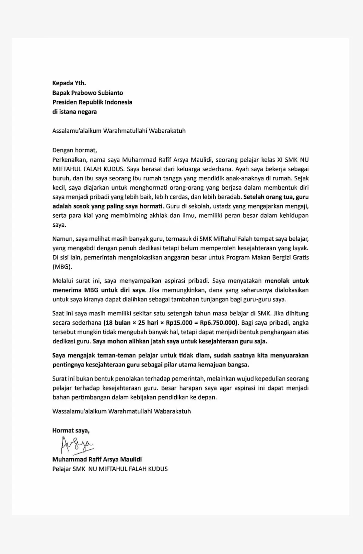 Tangkapan layar sepucuk surat yang ditulis oleh siswa SMK di Kudus berisi permohonan pengalihan dana Makan Bergizi Gratis untuk kesejahteraan guru.